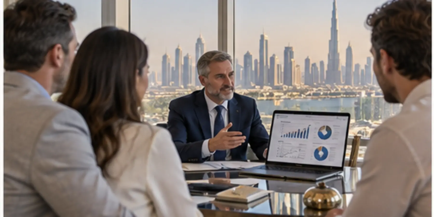 Expat couple meeting a financial advisor in a Dubai office