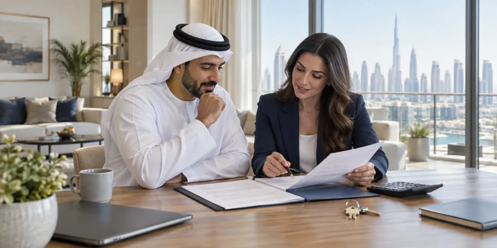 Homeowner reviewing UAE mortgage refinancing options with a bank adviser