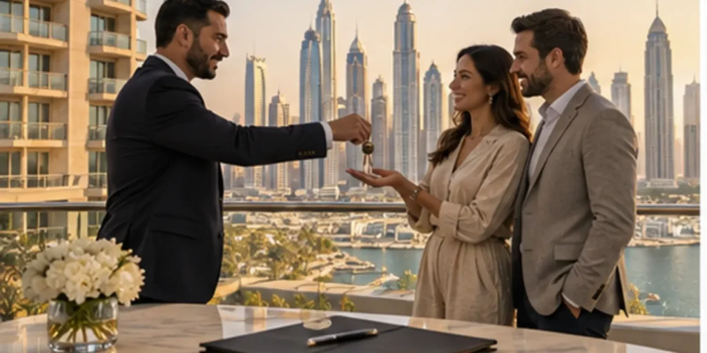 Dubai secondary property transaction with keys, contract and completed tower
