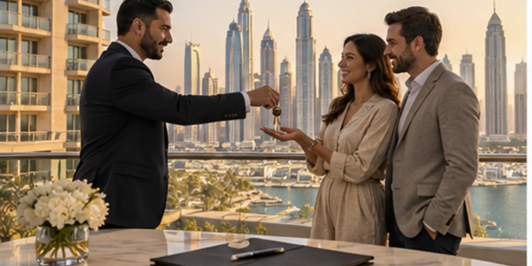 Dubai secondary property transaction with keys, contract and completed tower