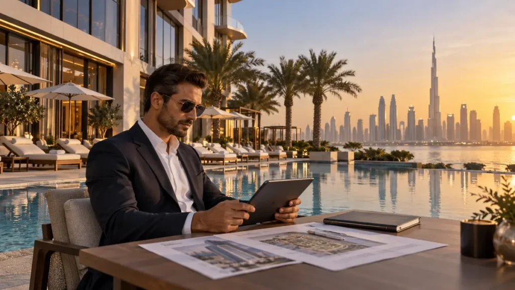 Investor reviewing a hotel investment in Dubai beside a luxury property